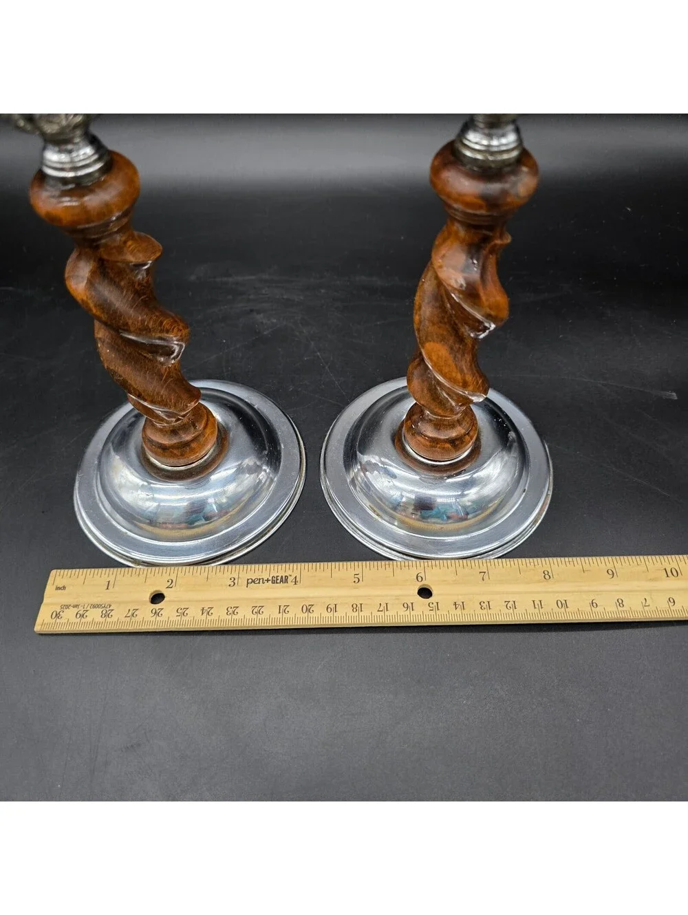 Vintage English Barley Twist Candlesticks Pair Oak Wood & Chrome Silver Art Deco